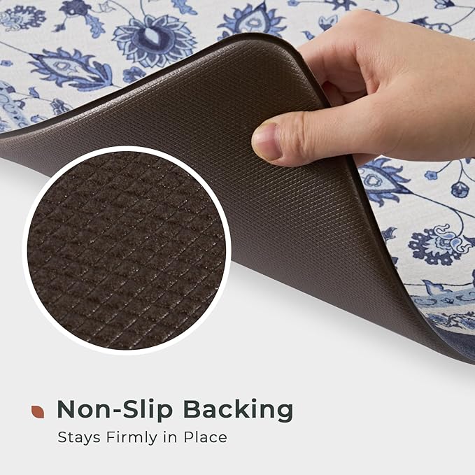 FRESHMINT Anti Fatigue Kitchen Mats for Floor 2 Piece Set, Waterproof & Non-Skid Vintage Floarl Kitchen Rugs, Cushioned Kitchen Mat for Standing Washable Comfort Desk Kitchen Runners, 17x30''+17x47''