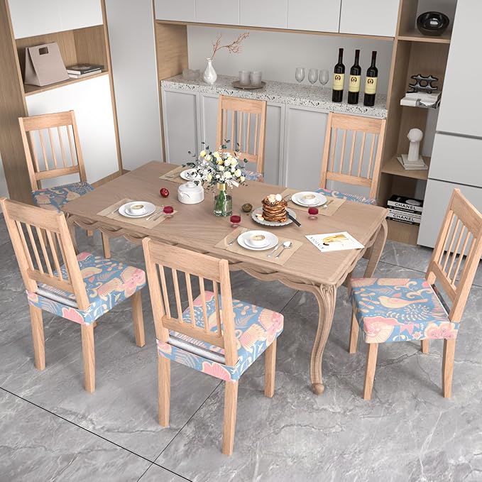 Stretch Dining Chair Seat Covers Set of 6,Dining Chair Slipcovers, Floral Printed Chair Covers,Soft Fabric Washable Upholstered Chair Seat Protector, No Rear Covers for Home Kitchen Dining Room