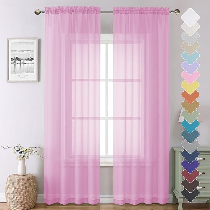 Lecloud Light Pink Sheer Curtains 90 Inches Long 2 Panels, Farmhouse Voile Living Room Drapes with Dual Rod Pocket, Elegant Airy Semi Sheer Curtains for Bedroom, Each Panel 42 X 90 Inch