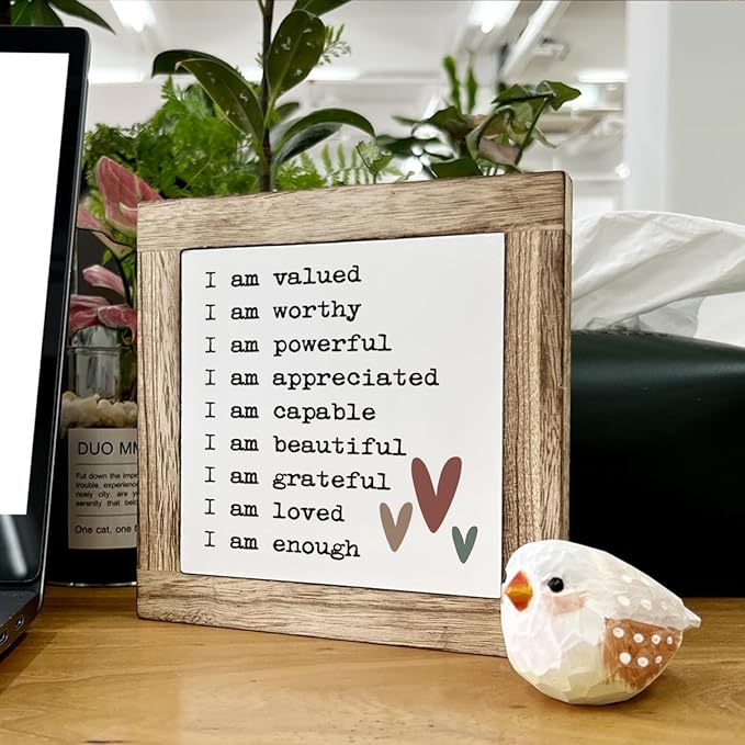 Inspirational Positive Wood Block Sign, Desk Decorations for Home Women Girl Room Office, Shelf Table Decor Art, Mental Health Gift for Women Men Self, I am Valued Worthy Powerful Signs D841