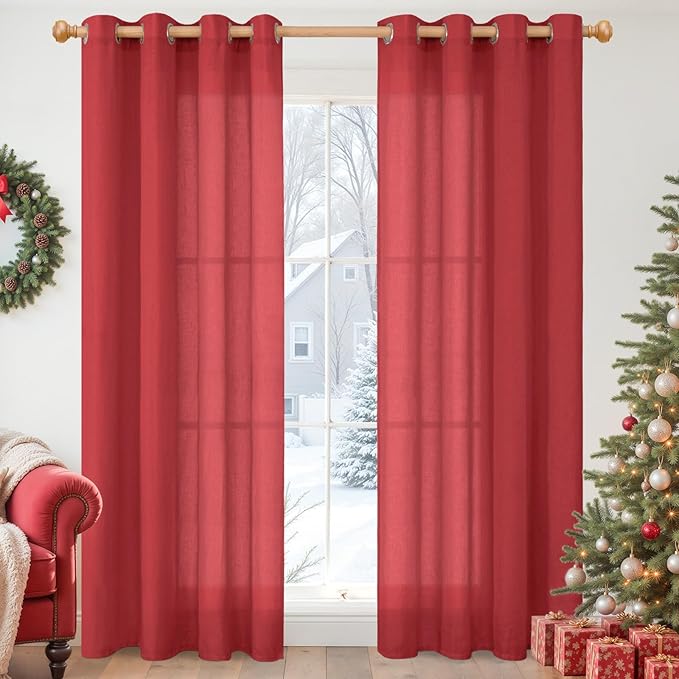 YoungsTex Red Linen Curtains 80 Inches Long for Living Room, Light Filtering Drapes with Grommet Semi Sheer Privacy for Christmas Bedroom Dining Room, 2 Panels, 52 X 80 Inch