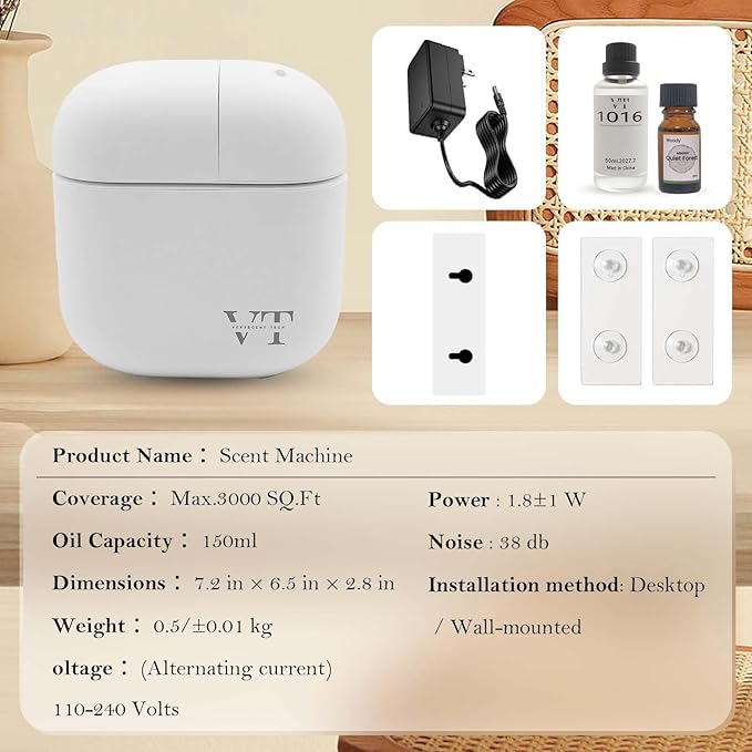 Waterless Oil Diffuser and 2 OZ Essential Oil for 3000 Sq. Ft Room Home Hotel Office, High-end Mini Smart Air Scent Freshener Machine with Bluetooth App, Aroma House Diffuser Powered by Adapter White