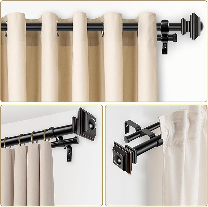 KAMANINA 1 Inch Double Curtain Rod 72 to 144 Inches (6-12 Feet) Telescoping Black Curtain Rods for Windows 69 to 140 Inches, Heavy Duty Drapery Rods with Square Finials