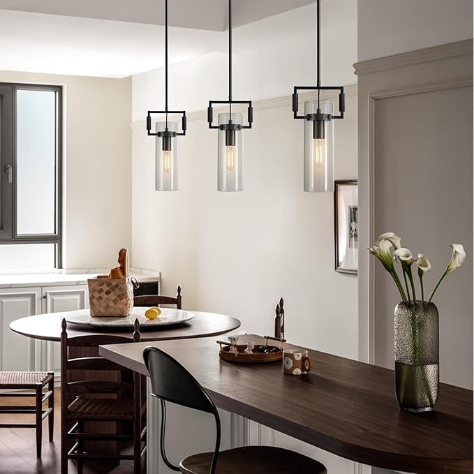 Modern Kitchen Island Pendant Lights 2 Pack,12 Inch Black Farmhouse Pendant with Copper Glass Shade | Hanging Lights for, Bathroom Vanity, Bedroom
