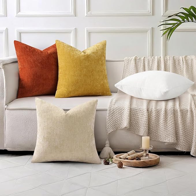decorUhome Chenille Beige Christmas Throw Pillow Covers 20x20 Inch Set of 2, Decorative Soft Couch Pillow Covers Solid Dyed Accent Farmhouse Neutral Square Pillow Cases for Sofa