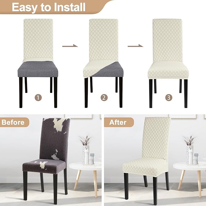 SearchI Dining Room Chair Covers Set of 6, Stretch Jacquard Parsons Chair Slipcovers Super Fit Removable Washable Kitchen Chair Protector Cover for Dining Room, Hotel, Ceremony (Cream)
