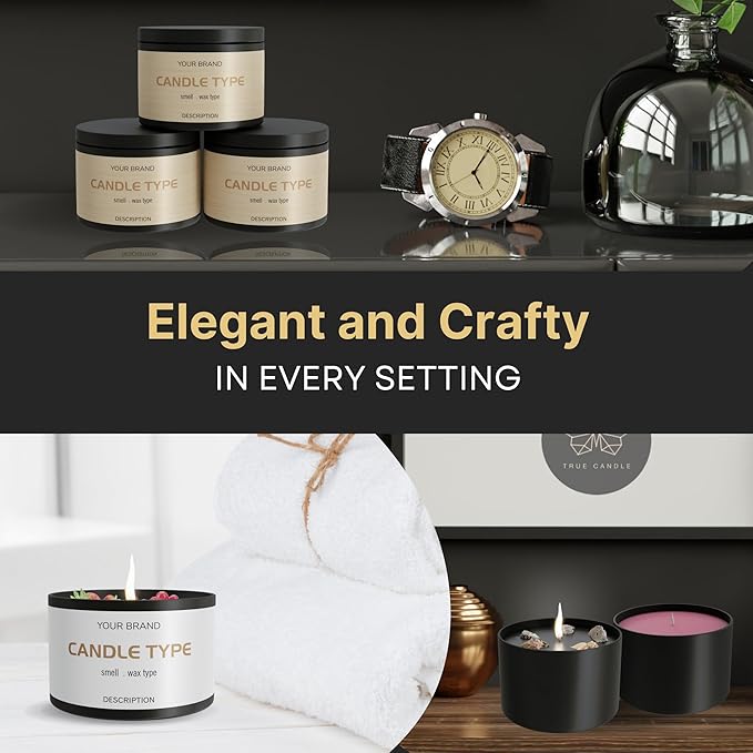 True Candle Tins for Making Candles - 24 Pack of 4 oz Black Candle Containers Bulk - Empty tins with lids for Candles - Premium Metal Jars, DIY Vessels | Painted Outside and Inside | Matte Black