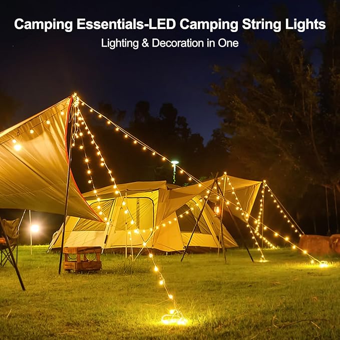 Camping String Lights,4 in 1 Portable 32.8FT Light,Rechargeable Outdoor String Lights with 8 Lighting Modes,Hanging Portable LED Lamp for Christmas,Garden,Camping Essentials