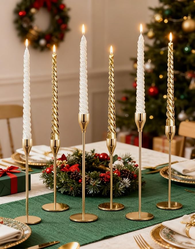 Set of 6 Candlestick Holders Gold Taper Candle Holders Tall Candle Sticks Holder Decor for Christmas, Wedding, Dinning, Anniversary, Party, Holiday