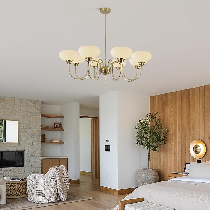 BOKT French Chandelier 8-Lights Large Dining Room Gold Chandelier with Milk White Bowl Glass Lampshade Modern Living Room Adjustable Rod Semi Flush Ceiling Sputnik Chandelier Light Fixtures