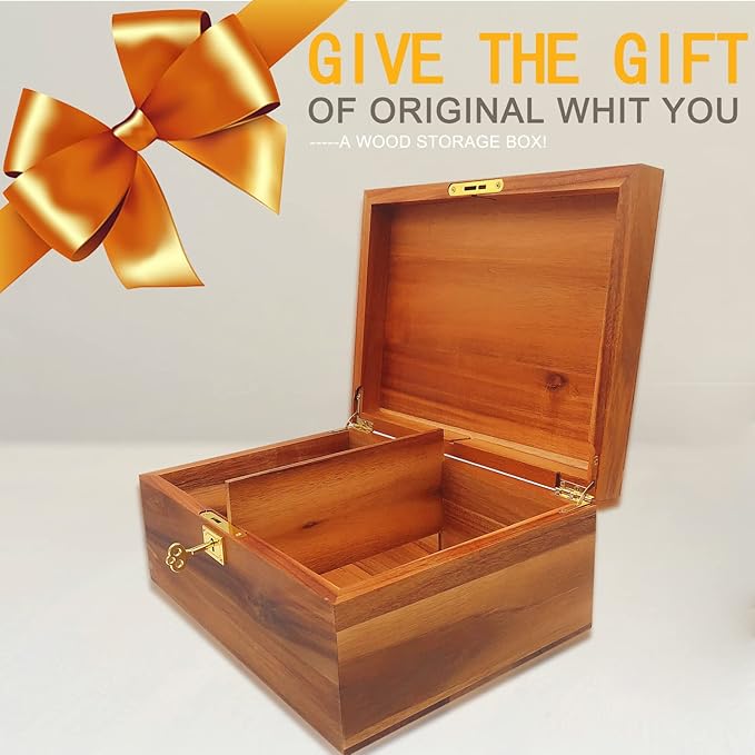 Wood Box Large Decorative Wooden Storage Box with Hinged Lid and Locking Key Premium Acacia Keepsake Chest Box Memory Gift Wooden Boxes 11 X 8.5 X 5 Inches