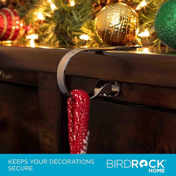 BIRDROCK HOME Christmas Stocking Mantel Hooks - Metal Fireplace Hanger with Non-Slip Pads - Holds Up to 10 lbs - Ideal for Hanging Stockings & Holiday Decor - 4 Pack, Mantel Hooks (Royal Silver)