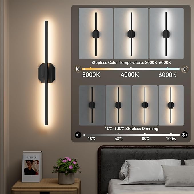 Battery Operated Wall Sconce Set of Two,Wireless Wall Sconces USB Rechargeable Wall Lights with Remote Control,3000K-6000K Dimmable for Bedroom,Background Wall,Living Room,Hallway,Wall Decor,28inch