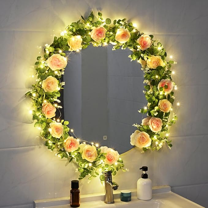 Dolicer 2Pcs 13Ft Artificial Eucalyptus Garlands with Flowers - 8 Roses, Faux Floral Greenery Garlands with 13Ft String Lights Fake Flower Vines for Wedding Table Centerpieces Arch Party Decor (Pink)