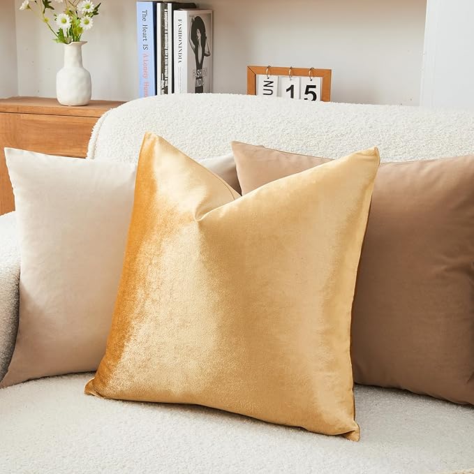 Throw Pillow Covers Gold Set of 2 18x18 Inch Pillow Covers, Soft Velvet Fall Decorative Cases for Couch Sofa Bed, Home Boho Decor, Modern Farmhouse Cushion Covers