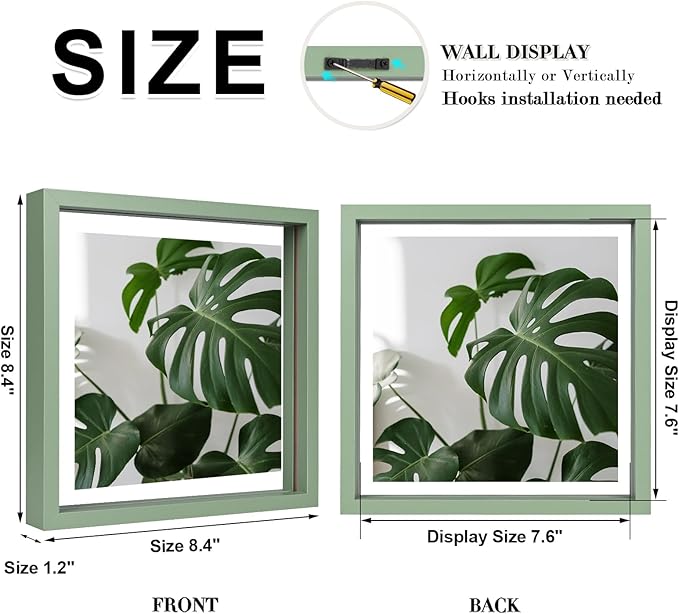 Egofine 8x8 Floating Frames Set of 2, Double Plexiglass Picture Frame, Made of Solid Wood Display Any Size Photo up to 8x8, Wall Mount or Tabletop Standing, Green
