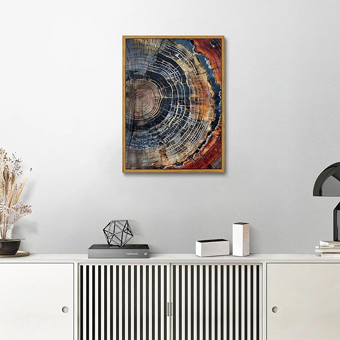 IBHJSART Framed Tree Ring Canvas Wall Art Vintage Colorful Wood Stump Painting Prints Modern Minimalist Pictures Neutral Nature Rustic Farmhouse Decor Living Room Bedroom Bathroom Office