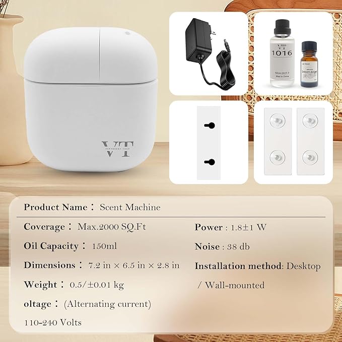Waterless Oil Diffuser and 2 OZ Essential Oil for 2000 Sq. Ft Room Home Hotel Office, High-end Mini Smart Air Scent Machine with Bluetooth App, Aroma House Diffuser Powered by Battery or Adapter White