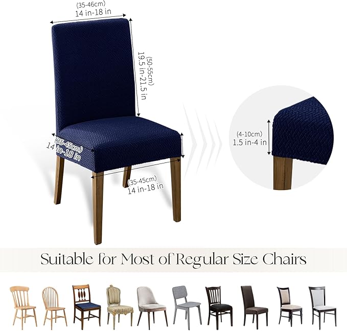 MOSAYT 100% Waterproof Dining Room Chair Covers Set of 6, Super Fit Stretch Jacquard Parson Chairs Slipcovers Removable Washable Chair Seat Protectors for Home, Kitchen, Banquet (Navy Blue)
