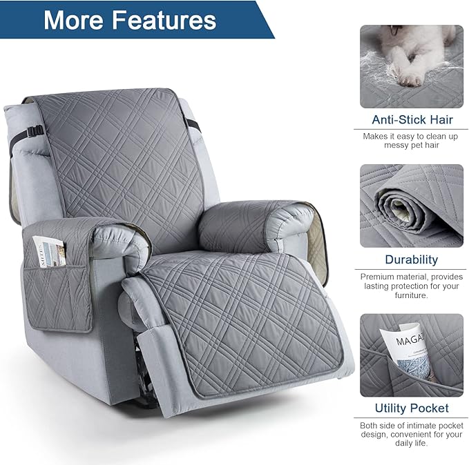 TAOCOCO 100% Waterproof Recliner Chair Cover, Small Recliner Covers for Recliner Chair with Pocket, Non Slip Reclining Chair Cover Furniture Protector for Kids, Pets(20'', Gray)
