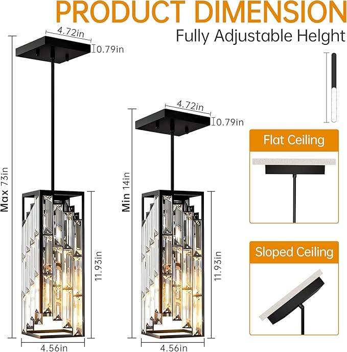 Black Pendant Lights Kitchen Island 1 Pack, Mini Crystal Chandeliers, Modern Pendant Lights Ceiling Lighting Fixtures for Kitchen Island, Dinning Room, Bedroom