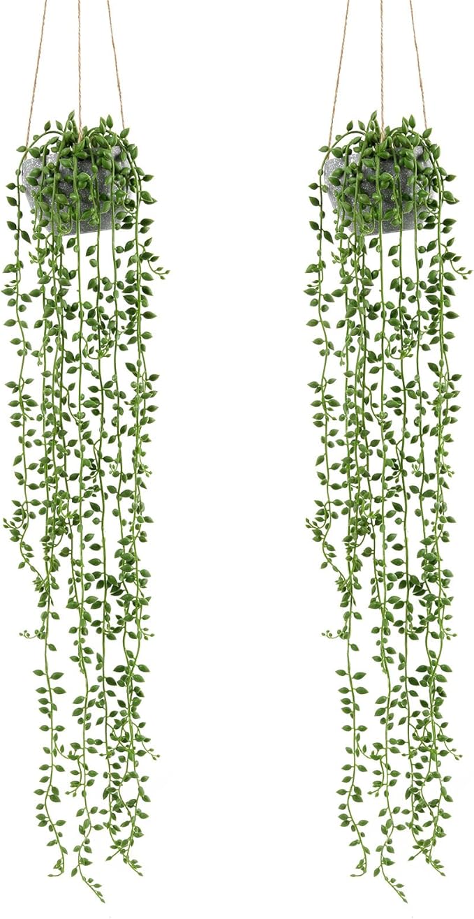 2PCS Artificial Hanging Trailing Plants in Pots,Realistic Faux Small Hanging Plants Potted for Bedroom Living Room Home Office Table Decor Indoor Outdoor