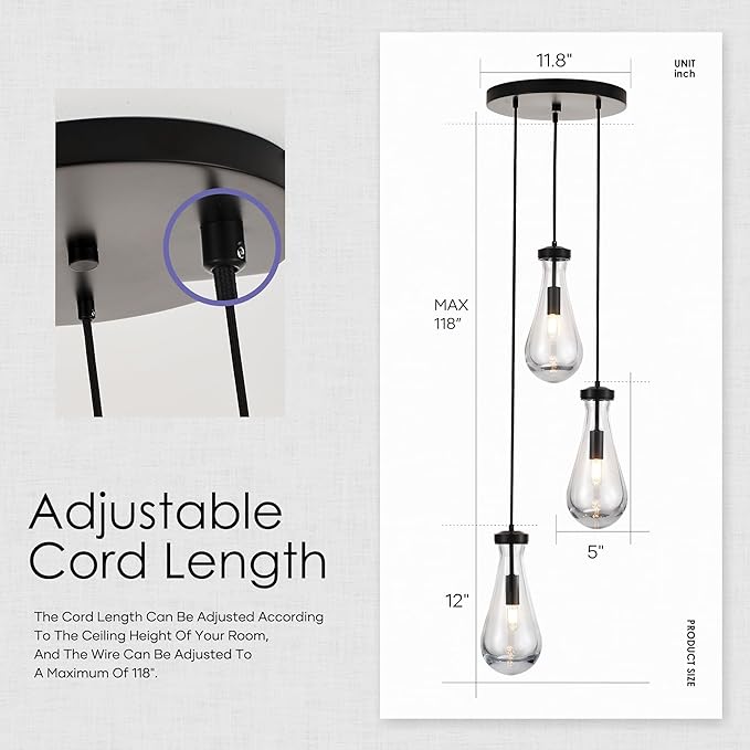 3-Light Raindrop Pendant Light Fixtures, Black Glass Pendant Lighting, Teardrops Modern Hanging Light for Entryway Foyer Kitchen Island Dining Living Room Hallway