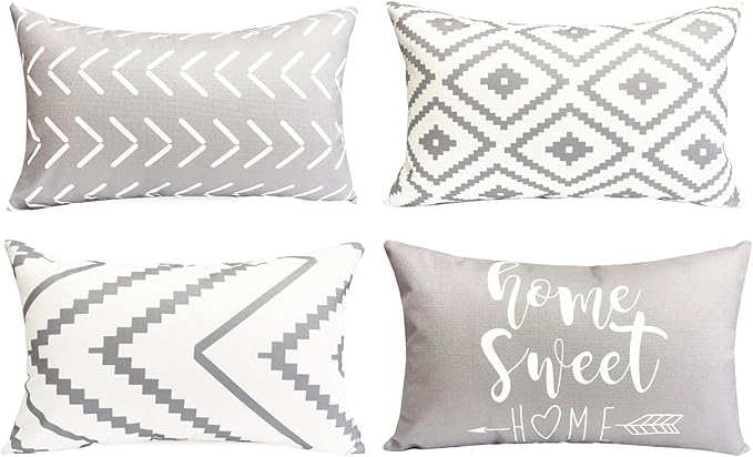 Decorative Throw Pillow Covers 12x20 inch Set of 4 Gray Pillow Covers for Couch Sofa Bed Living Room,Farmhouse Outdoor Throw Pillow Cover,Modern Geometric Linen Square Throw Pillow Case,Grey
