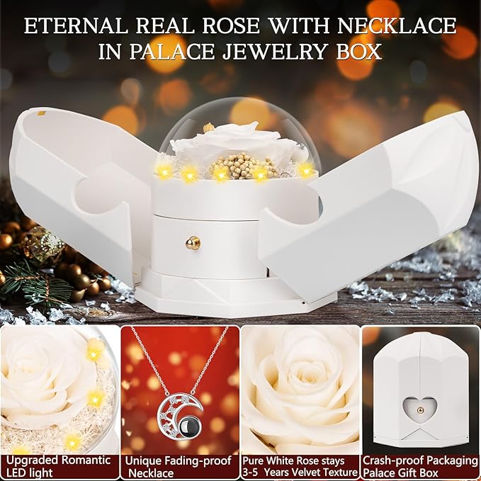 Preserved Real Rose with l Love You Necklace Forever Flowers Jewelry Birthday Gifts for Women Mom Wife Grandma Girlfriend Her on Valentines Mothers Day Christmas Anniversary Romantic-Pure White