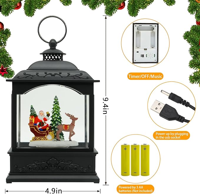 Christmas Snow Globe Lantern with Music & Timer, Santa LED Glitter Lantern, Battery Operated Christmas Globe Decoration, Fall Holiday Decor for Home