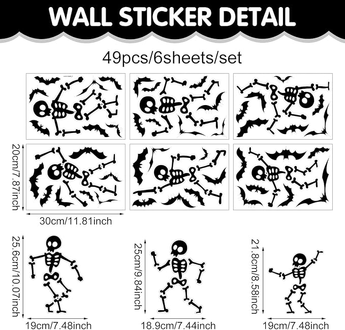 Halloween Wall Decals and Skeleton Window Clings - 6 Sheets 43 Pcs Removable Black Ghost Bat Wall Stickers for Mirrors, Windows, Home Bedroom Party Decor