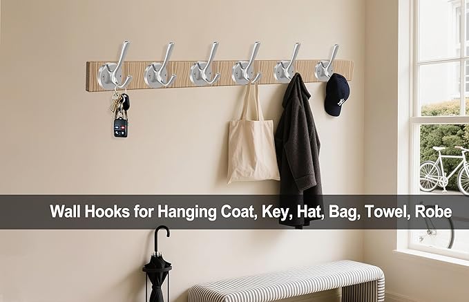 Brushed Nickel Wall Hooks Towel Hooks, 2 Pack Coat Robe Hook Heavy Duty Bathroom Double Hook Wall Mounted, Hand Towel Hooks for Closet Entryway Cubicle Kitchen