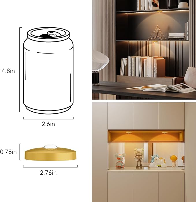 Yiliaw Rechargeable Puck Lights with Remote, 6 Pack Magnetic Under Cabinet Lighting, 1500mAh Battery Operated LED Tap Lights with Dimmer & Timmer for Kitchen, Closet, Shelf - 3 Color Temps, Gold