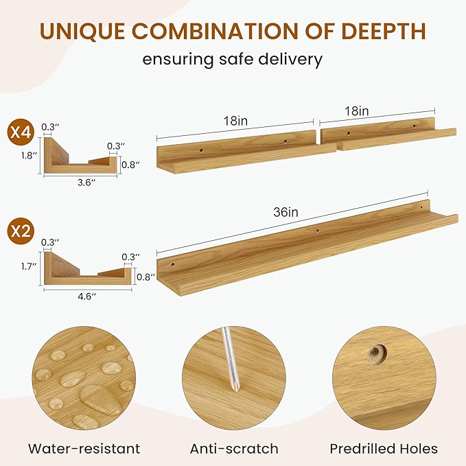 Axeman Picture Ledge Shelf, Floating Shelves for Decor Storage Set of 6, 36 inch Floating Wall Mounted Shelves, Wall Shelves with Lip for Living Room, Bedroom, Nursery, Bathroom, Kitchen, Oak
