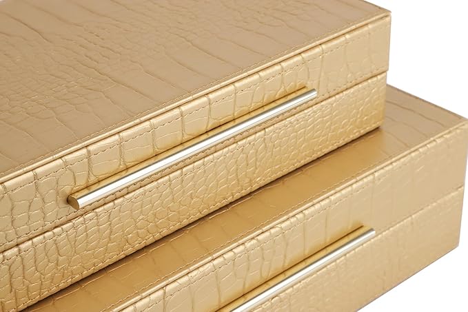 HofferRuffer Faux Leather Decorative Boxes Set of 2, Large Nesting Keepsake Box Accessory Organizer Jewelry Organizer with Hinged Lid, Stacking Storage Box Container for Home or Office (Gold)