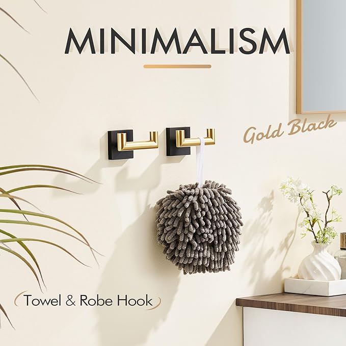 KOKOSIRI Robe Hooks Bath Towel Hooks Bathroom Hardware Double Coat Hooks Wall Mounted, Stainless Steel 2 Pack Black with Gold B1015GDK-P2
