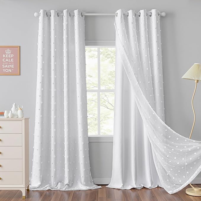 MYSKY HOME Long Curtains for Sliding Glass Door 95 Inch Length White Pom Pom Sheer Curtain Panels for Living Room Double Layer Light Filtering Window Drapes for Girls Kids, White, 52" Wide, Set of 2