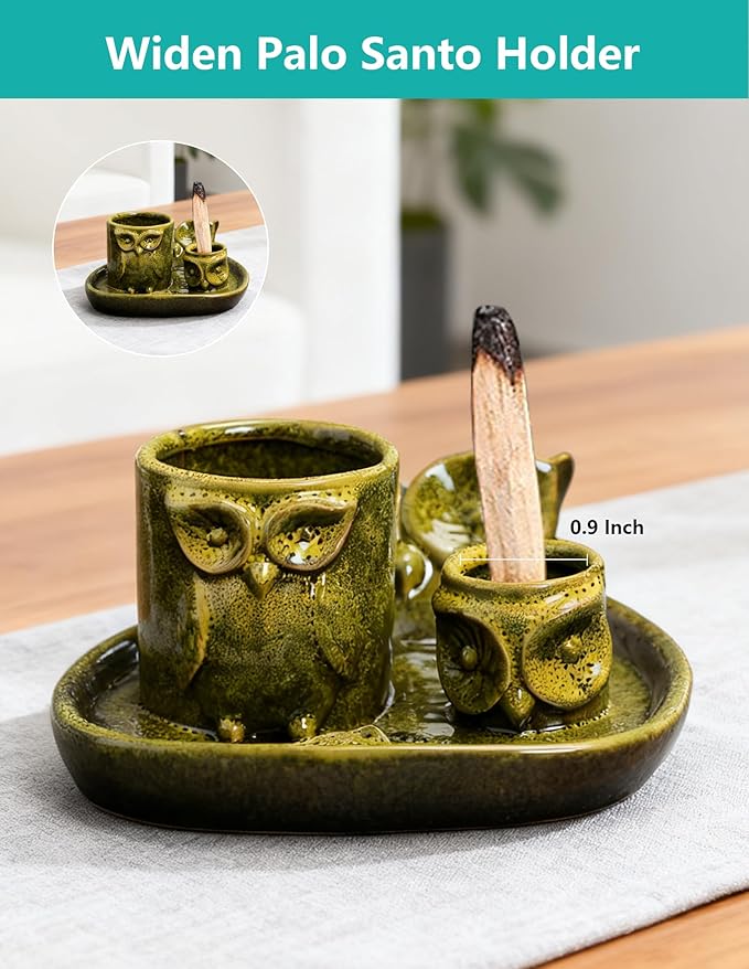 Comeon Palo Santo Holder, 4 in 1 Ceramic Owl Backflow Incense Burner Holder Candle Holder Sage Holder for Burning Bow(Yellow)