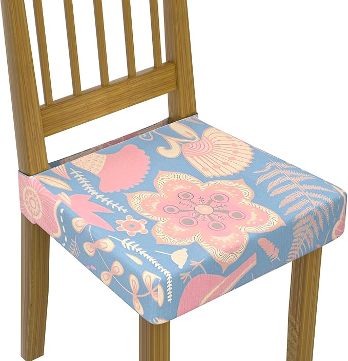 Stretch Dining Chair Seat Covers Set of 6,Dining Chair Slipcovers, Floral Printed Chair Covers,Soft Fabric Washable Upholstered Chair Seat Protector, No Rear Covers for Home Kitchen Dining Room