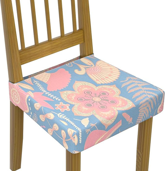 Stretch Dining Chair Seat Covers Set of 4,Dining Chair Slipcovers, Floral Printed Chair Covers,Soft Fabric Washable Upholstered Chair Seat Protector, No Rear Covers for Home Kitchen Dining Room