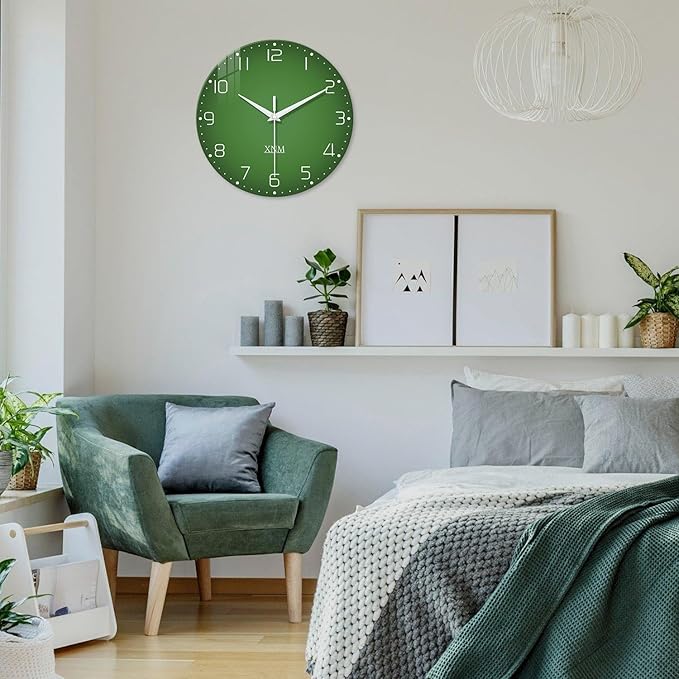 XNM Green Wall Clock for Bedroom Round Glass Wall Clocks Battery Operated 14 Inch Contemporary Analog Simple Wall Clock Silent