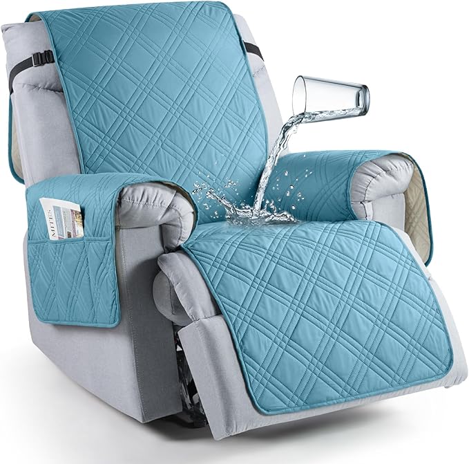 TAOCOCO 100% Waterproof Recliner Chair Covers, Non Slip Recliner Covers for Recliner Chair with Pocket, Washable Reclining Chair Cover Furniture Protector for Kids,Dogs(25'', Sky Blue)