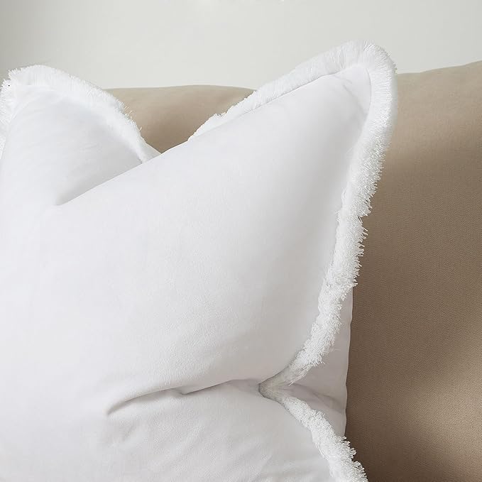 JUSPURBET Pack of 2 White Decorative Fringe Velvet Throw Pillow Covers 20x20 for Home Decor Living Room Bedroom Car Boho Soft Cushion Cover with Hidden Zipper Machine Washable