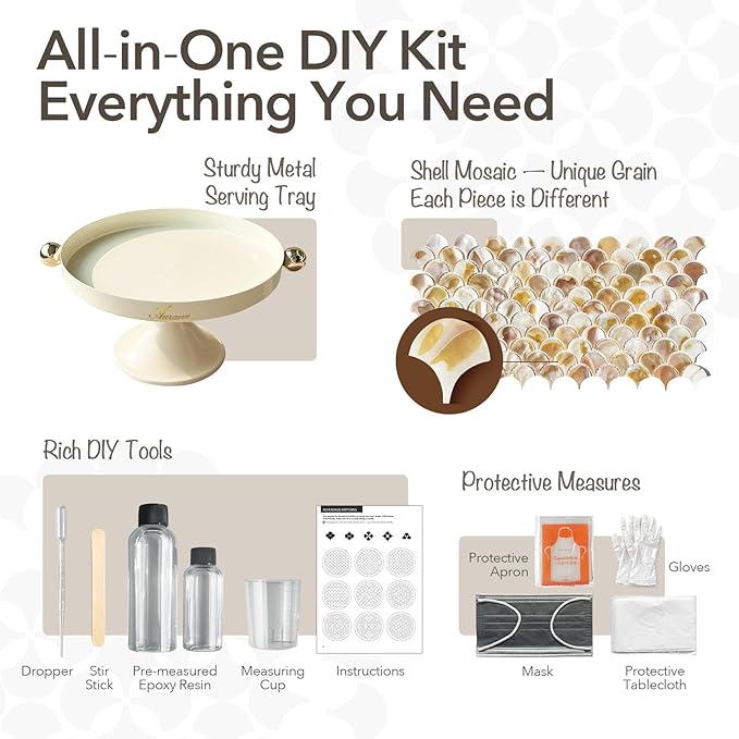 DIY Decorative Serving Tray Craft Kit with Natural Shells & Epoxy Resin, Round Metal Tray for Vanity, Bathroom or Coffee Table, Perfect for Key, Trinket and Perfume Organizer (White)