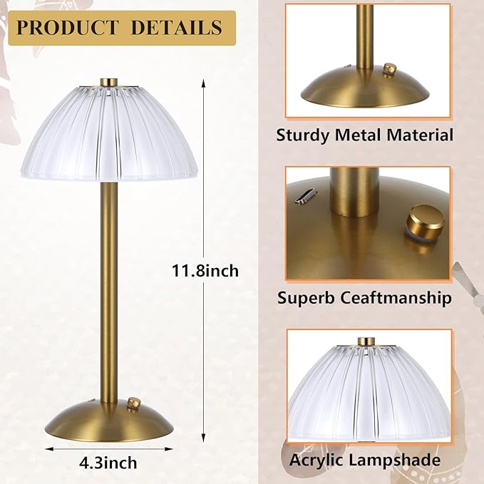 Liliful 8 Pcs LED Portable Cordless Table Lamp Touch Battery Operated Rechargeable Gold Desk Lamp 3 Color Dimmable for Bedroom Living Room Dining (Gold,Mushroom Style)