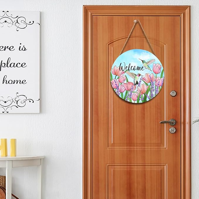 Welcome Spring Hummingbirds Sign for Front Door Decor Spring Floral Wood Door Hanger Sign Spring Summer Decorations Seasonal Farmhouse Wreath Wall Hanging Sign for Home Outdoor Outside Porch 12”x12”