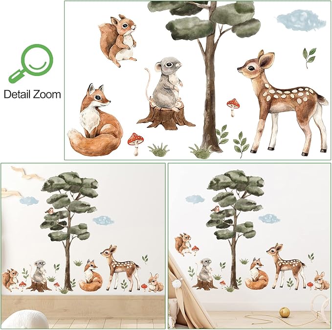 Amaonm 2 Sheet of 12x24 inch Watercolor Forest Tree Wall Decal Woodland Deer Squirrel Fox Wall Stickers 3D DIY Peel and Stick Jungle Wild Animal Pine Wall Decor for Kids Boys Bedroom Playroom Living Room Classroom Decoration (Tree animal)