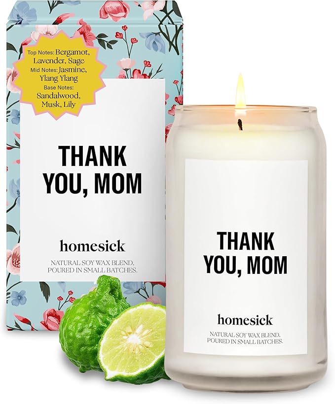 Homesick Thank You Mom Candle – 13.75 oz Scented Candle in Sage Sandalwood Soy Wax Blend, Non-Toxic, 80 Hr Burn with Organic Cotton Wick, Reusable Jar – Best Wedding & Engagement Gifts for Couples