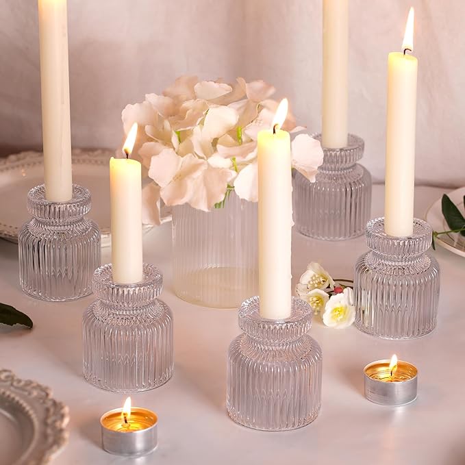 6 Pcs Clear Glass Candlestick Holders with Vertical Stripes - Dual-Use for Taper Candles & Votive/Tea Lights, Taper Candle Holders for Dining Table, Wedding, Home, Party Decor, Gifts