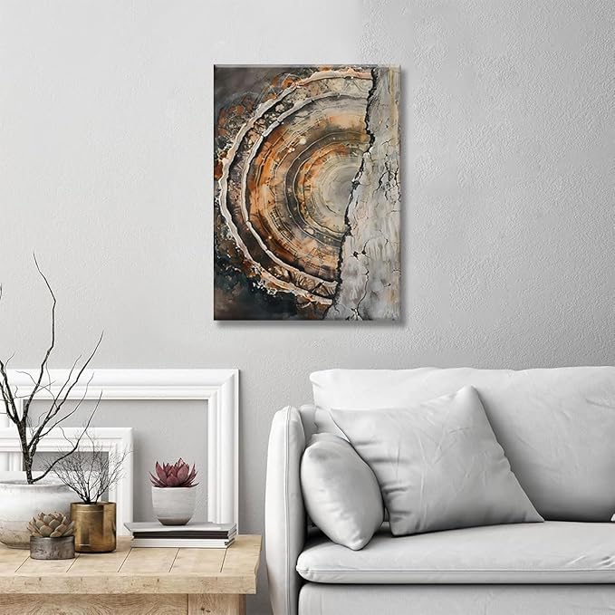IBHJSART Framed Tree Ring Canvas Wall Art Vintage Colorful Wood Stump Painting Prints Modern Minimalist Pictures Neutral Nature Rustic Farmhouse Decor Living Room Bedroom Bathroom Office